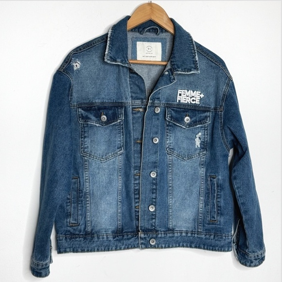 NEW Cotton On Denim Jacket Femme Fierce Graphic Worn In Statement Denim Jacket - Picture 8 of 15